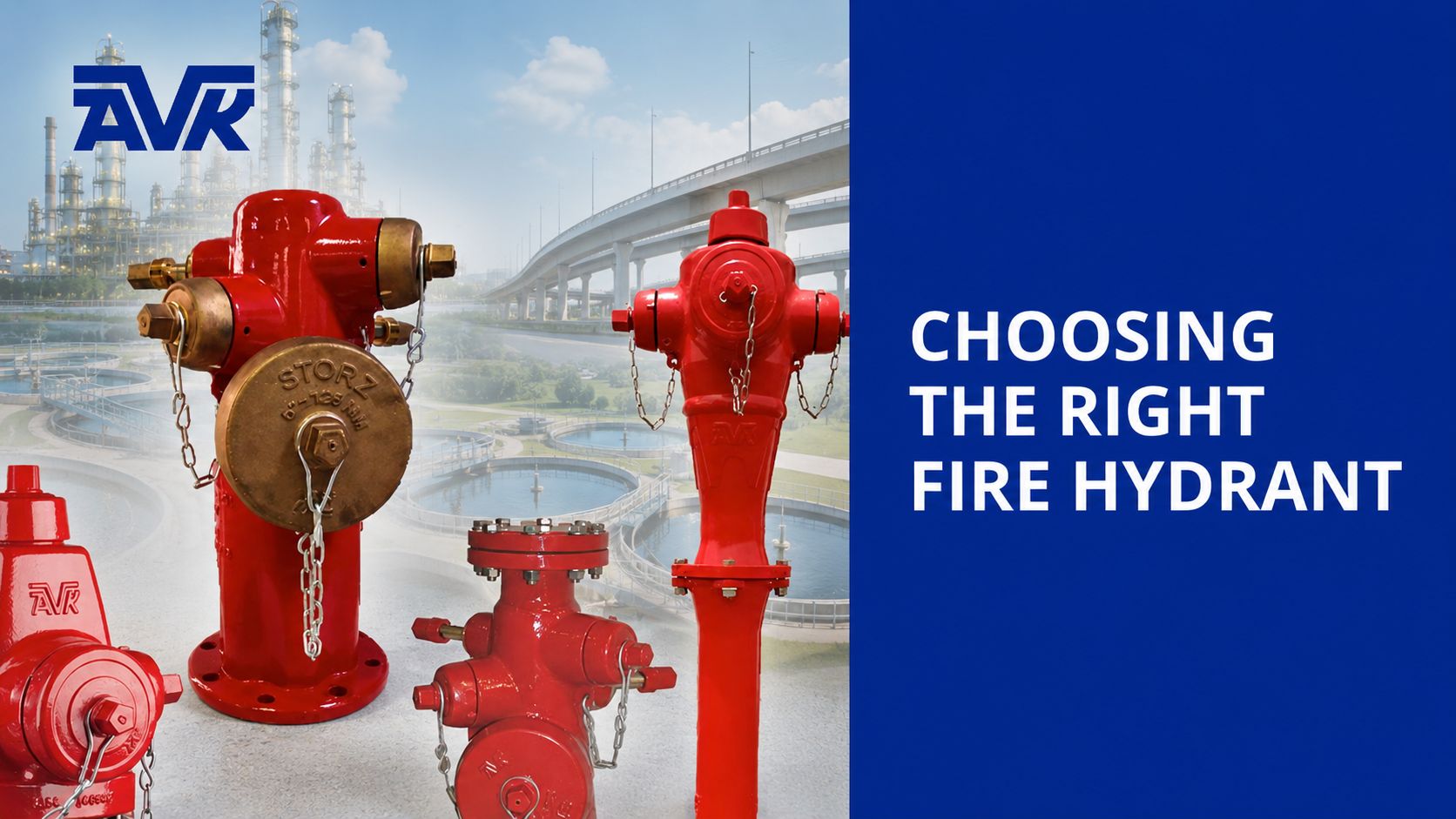 AVK SVMC fire hydrant portfolio featuring Series 24 wet barrel and Series 27 & Series 120 dry barrel fire hydrants for municipal, industrial, refinery, oil & gas, and transport infrastructure fire protection systems.